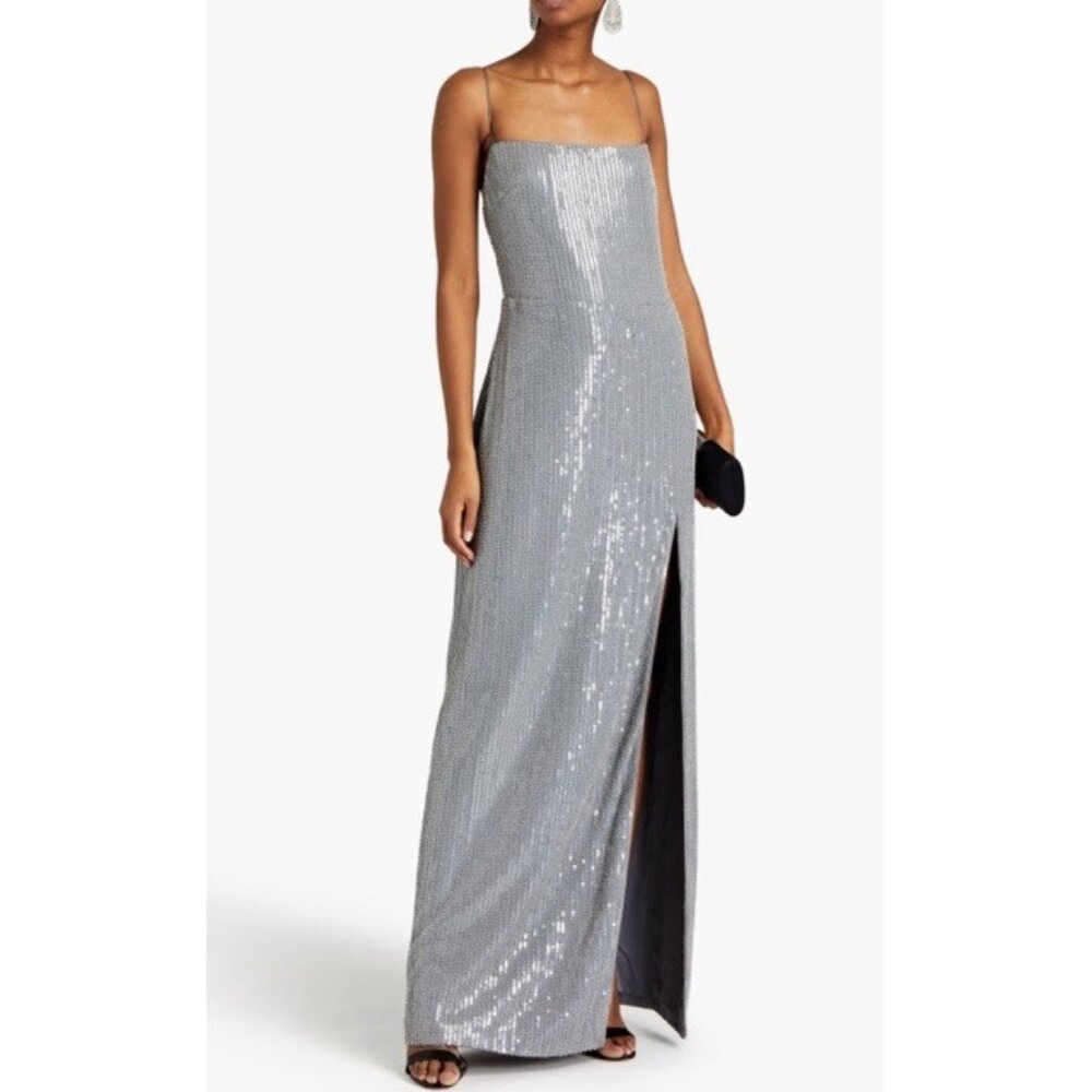 NWT Rasario Silver Sequin Embellished Square Neck Maxi Gown
